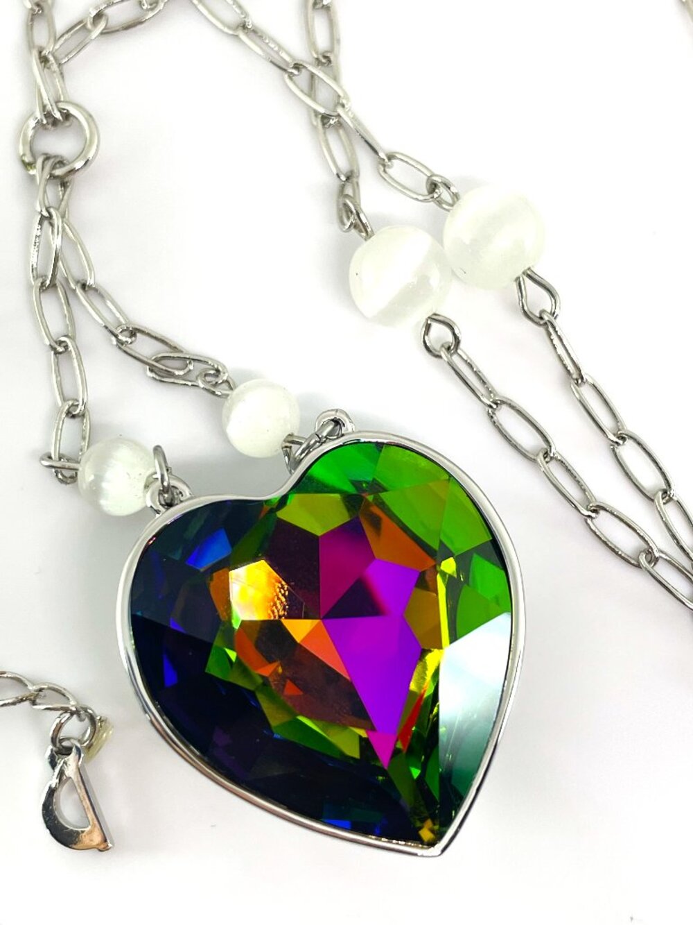 Iridescent Heart Statement Lariat Y-Necklace with Rainbow Austrian Crystals, 31"